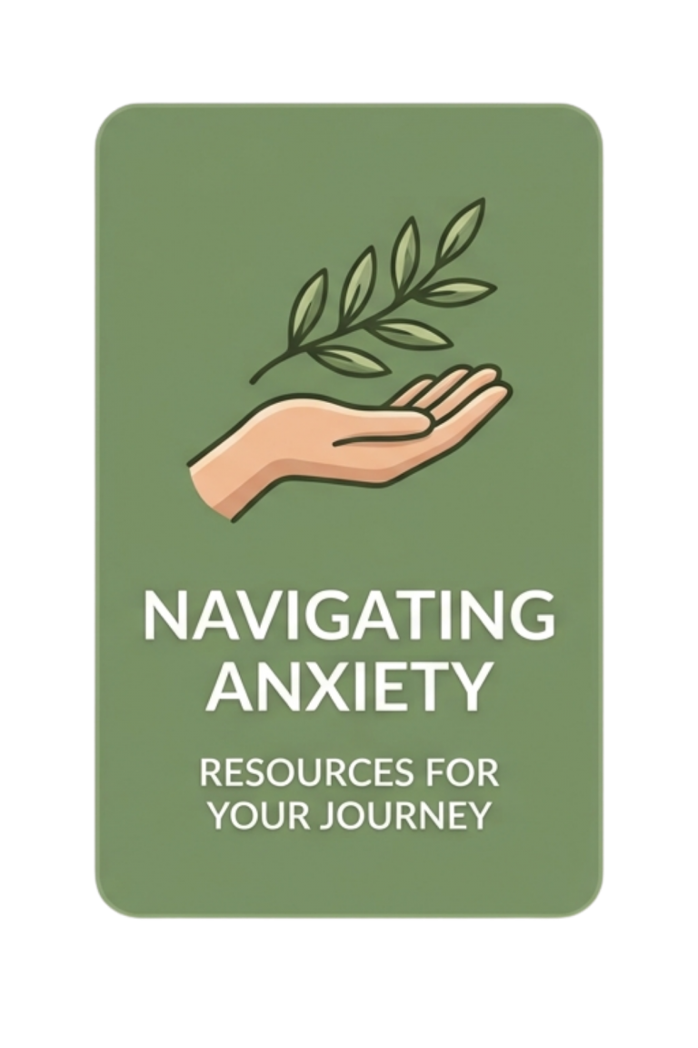 Navigating Anxiety toolkit resource card with an illustration of a hand holding a leafy branch, offering mental health tools and grounding resources.