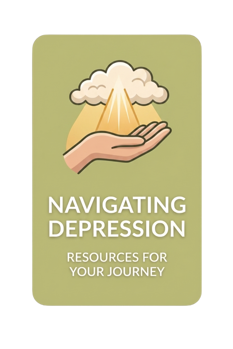 Navigating Depression toolkit resource card with an illustration of a hand holding sunlight coming through a cloud, offering mental health tools and grounding resources.
