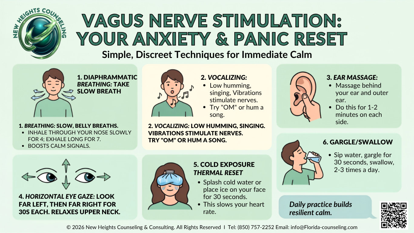 Infographic titled Vagus Nerve Stimulation: Your Anxiety and Panic Reset, illustrating six simple techniques for immediate calm by New Heights Counseling.