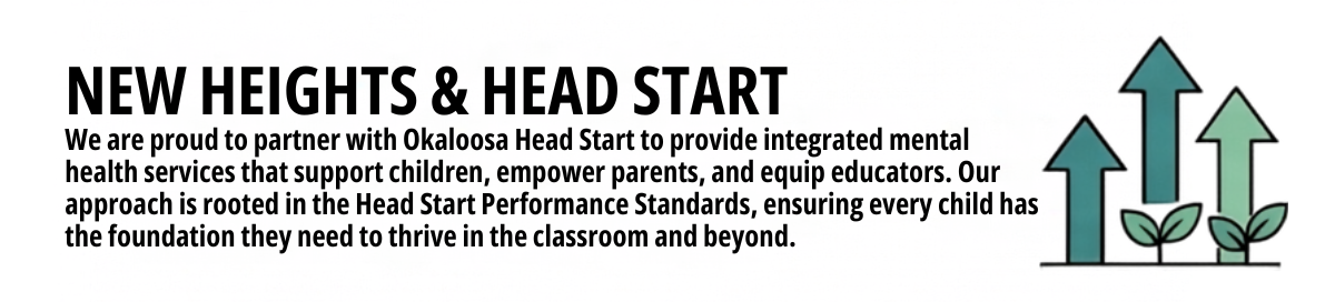 Decorative banner titled Our Partnership with Head Start, detailing New Heights Counseling's mental health support for Okaloosa Head Start, alongside an upward-pointing green arrow icon.